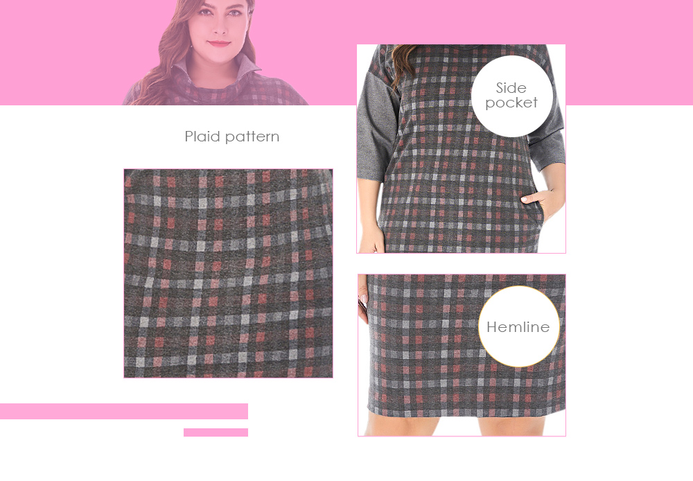 Stand Collar Half Sleeve Spliced Plaid Print Pocket Plus Size Women Dress