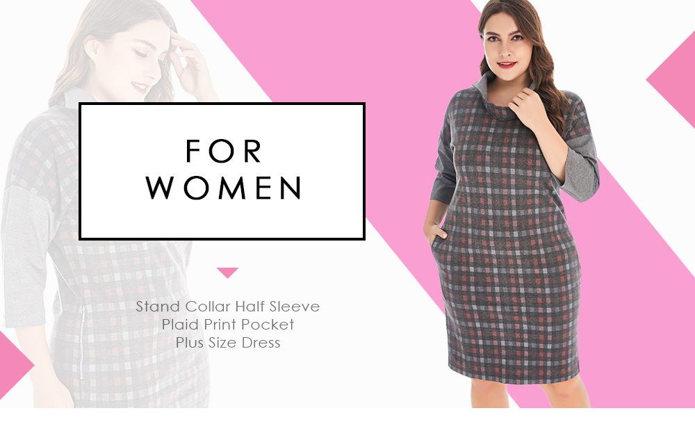 Stand Collar Half Sleeve Spliced Plaid Print Pocket Plus Size Women Dress