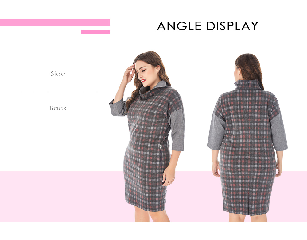 Stand Collar Half Sleeve Spliced Plaid Print Pocket Plus Size Women Dress