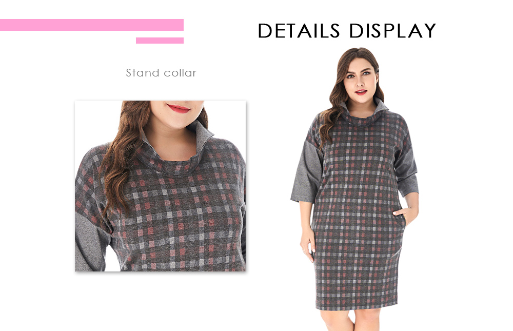 Stand Collar Half Sleeve Spliced Plaid Print Pocket Plus Size Women Dress