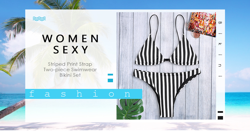 Women Sexy Striped Print Strap Two-piece Swimwear Bikini Set