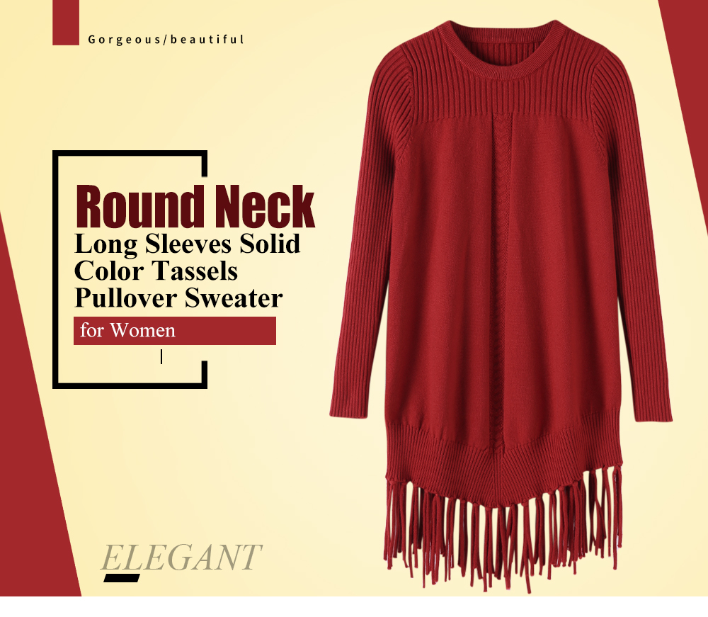 Round Neck Long Sleeves Solid Color Tassels Pullover Sweater for Women