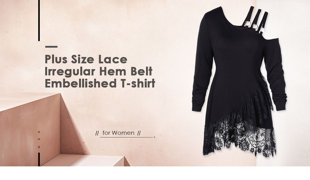 Plus Size Lace Irregular Hem Belt Embellished T-shirt