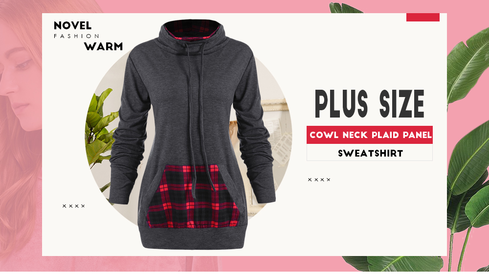 Cowl Neck Plus Size Plaid Panel Sweatshirt
