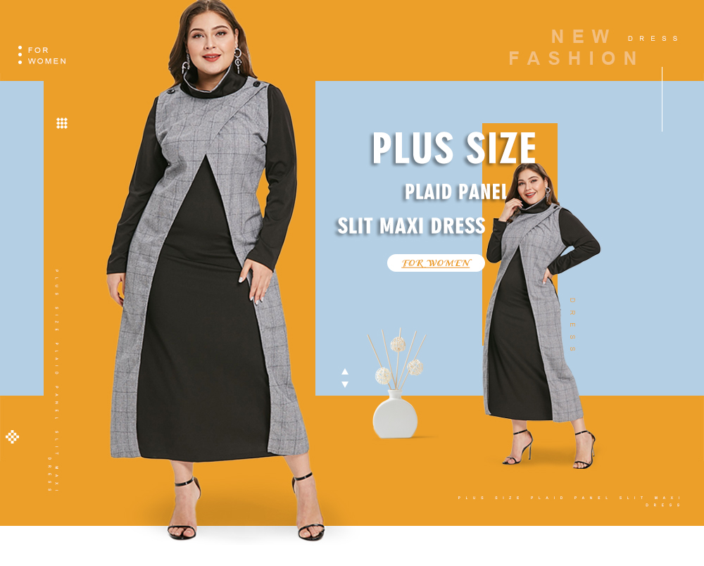 Plus Size Plaid Panel Slit Maxi Dress