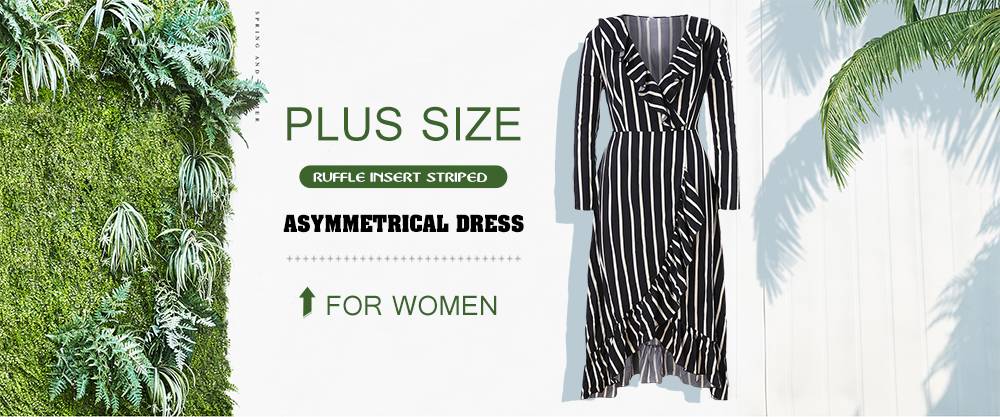 Plus Size Ruffle Insert Striped Asymmetrical Dress