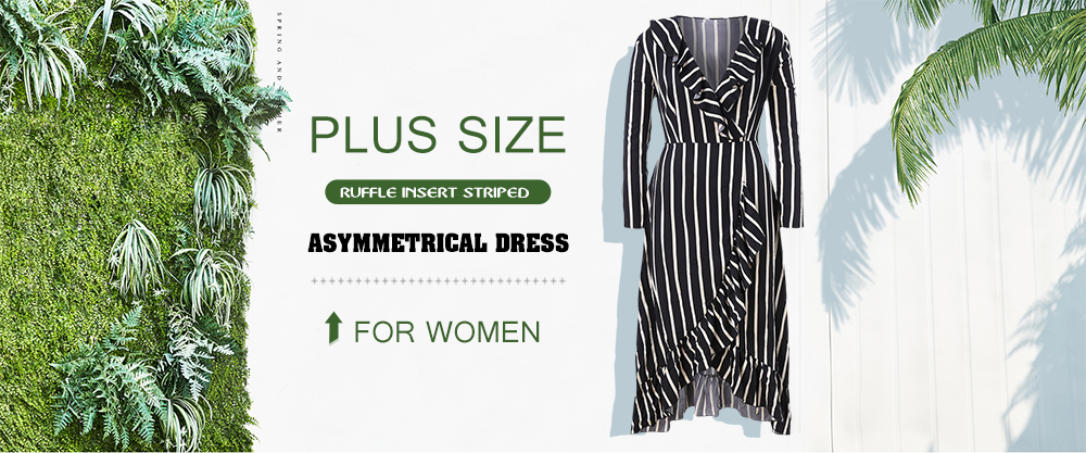Plus Size Ruffle Insert Striped Asymmetrical Dress