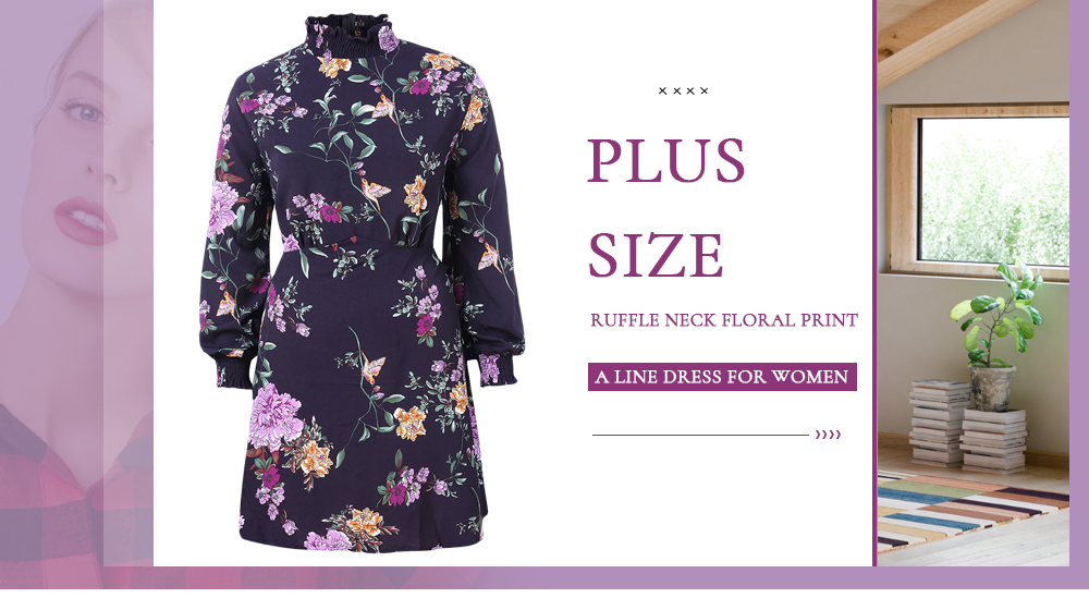 Plus Size Ruffle Neck Floral Print A Line Dress