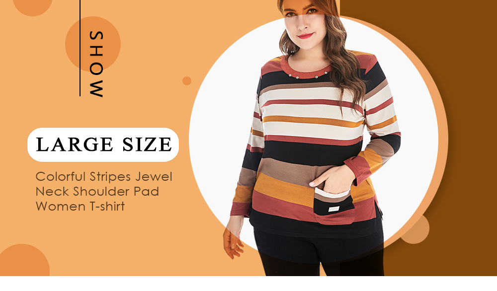 Large Size Colorful Stripes Jewel Neck Shoulder Pad Long Sleeves Women T-shirt