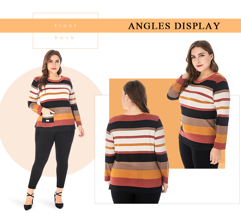 Large Size Colorful Stripes Jewel Neck Shoulder Pad Long Sleeves Women T-shirt