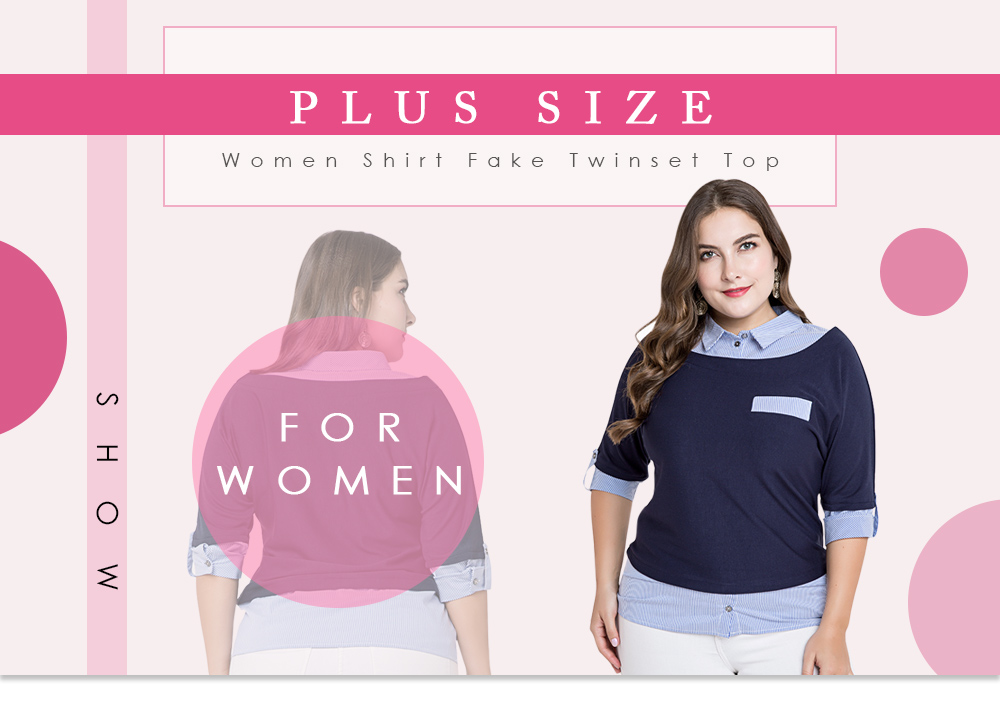 Plus Size Women Shirt Turn-down Neck Cuffed Half Sleeve Fake Twinset Top