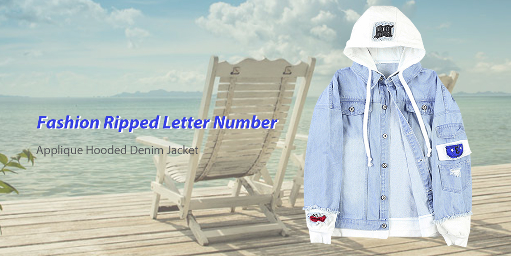 Casual Faux Pocket Ripped Letter Number Applique Hooded Jacket
