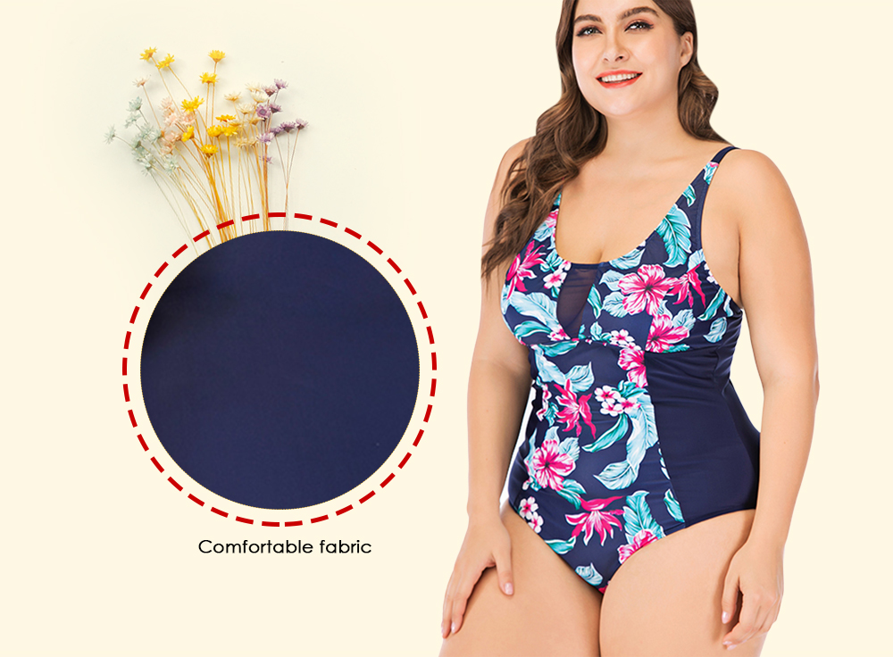 Sexy Floral Print Spliced Mesh Sleeveless Padded Wire Free Plus Size Women Swimsuit