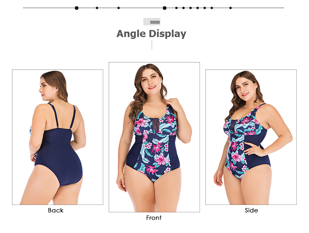 Sexy Floral Print Spliced Mesh Sleeveless Padded Wire Free Plus Size Women Swimsuit