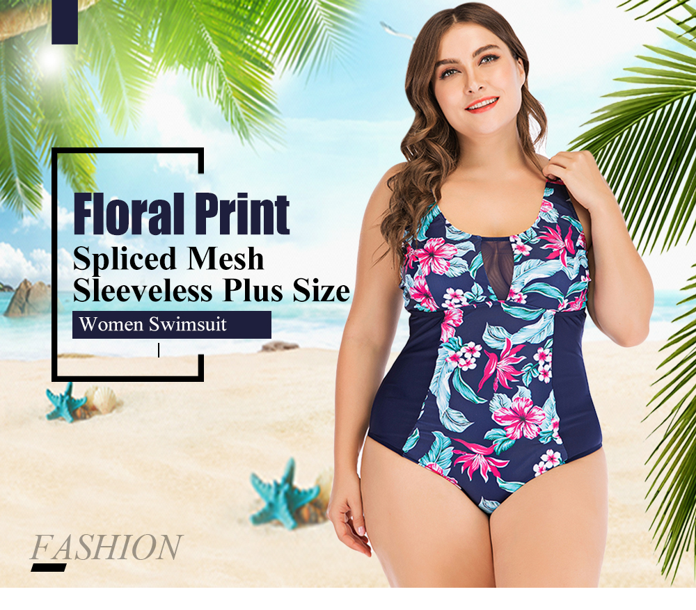Sexy Floral Print Spliced Mesh Sleeveless Padded Wire Free Plus Size Women Swimsuit