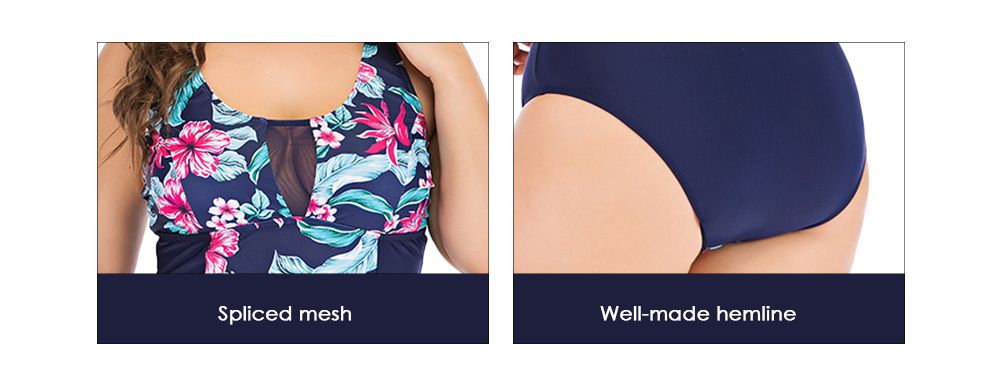 Sexy Floral Print Spliced Mesh Sleeveless Padded Wire Free Plus Size Women Swimsuit