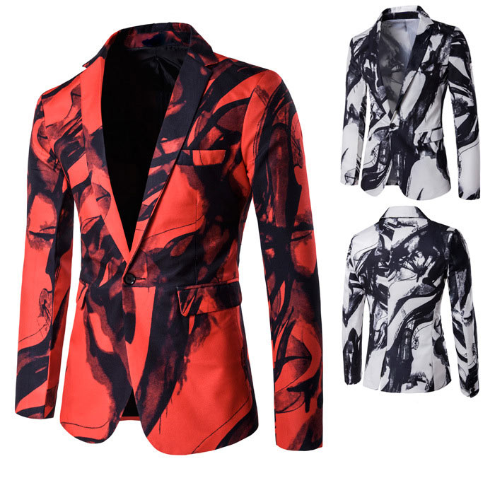 Chinese Style Ink Painting Print One Button Pocket Blazer