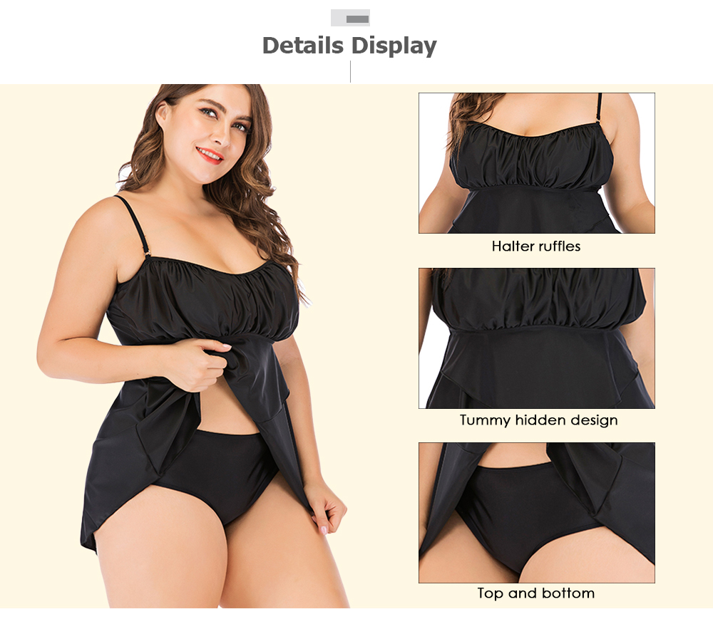 Large Size Halter Ruffles Solid Color Padded 2 Pieces Swimwear for Women