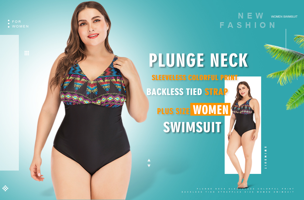 Plunge Neck Sleeveless Colorful Print Backless Tied Strap Padded Plus Size Women Swimsuit