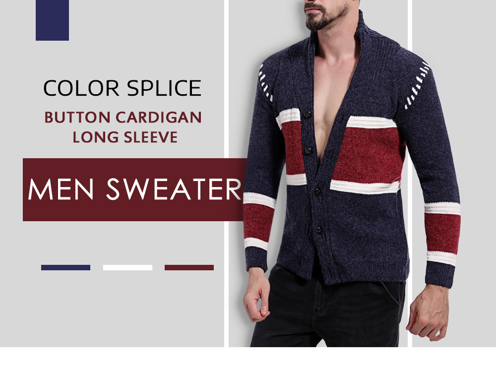 Color Splice Button Cardigan Long Sleeve Men Sweater