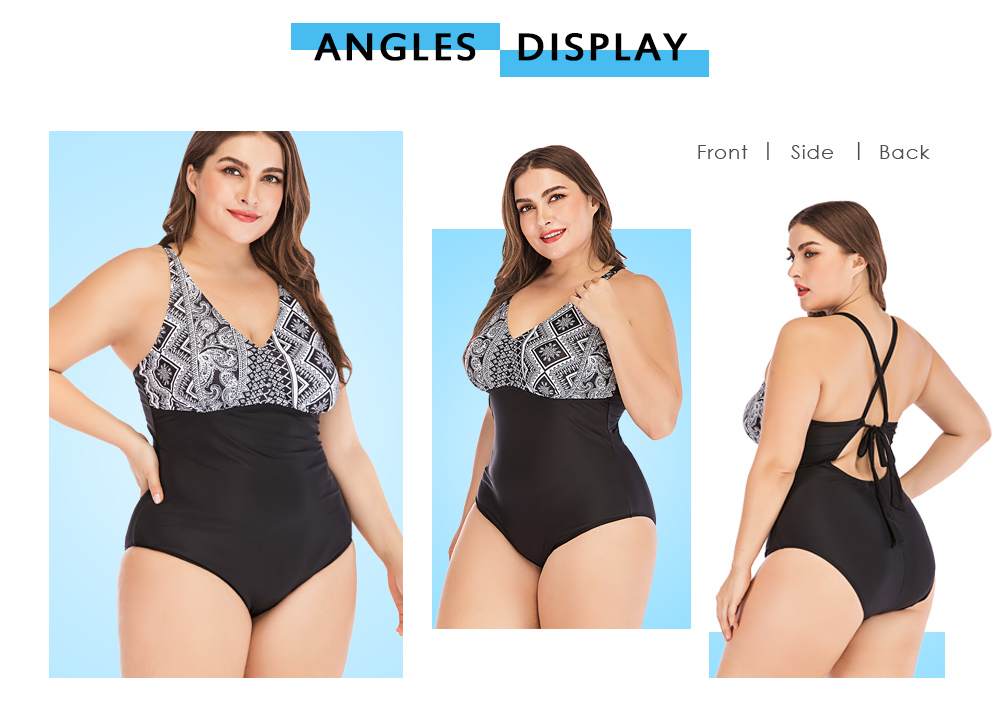 Plunge Neck Sleeveless Print Criss Cross Tied Backless Padded Plus Size Women Swimsuit