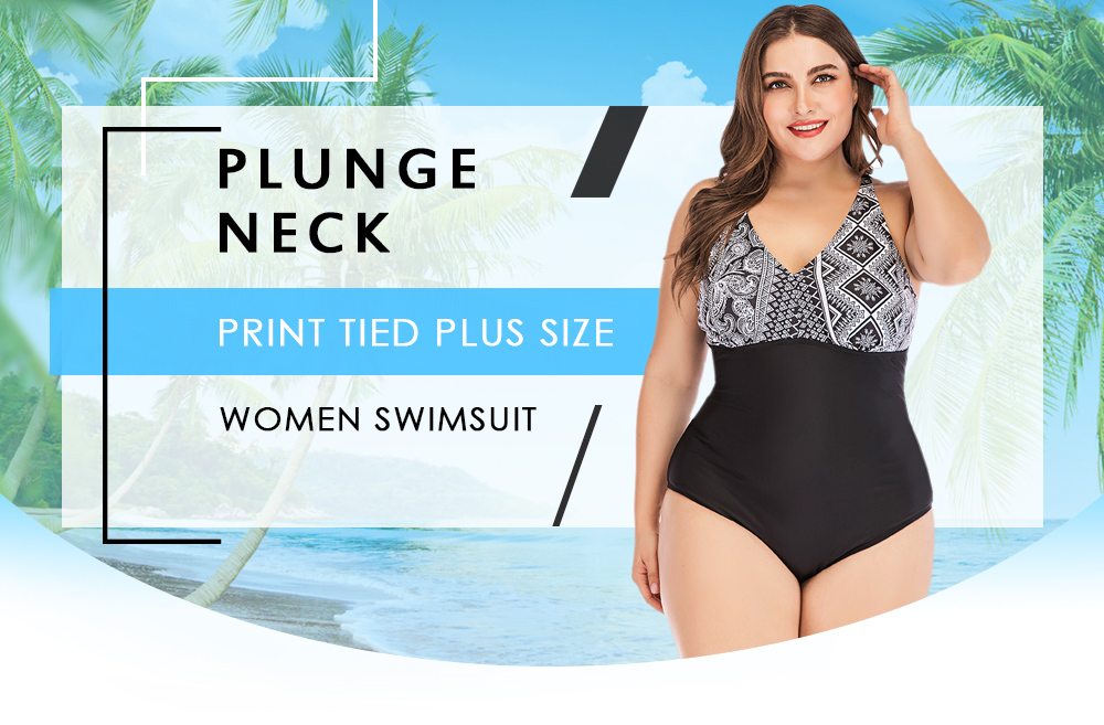 Plunge Neck Sleeveless Print Criss Cross Tied Backless Padded Plus Size Women Swimsuit