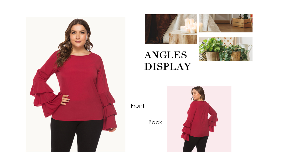 Round Collar Long Bell Sleeve Layered Flounce Solid Color Plus Size Women Blouse