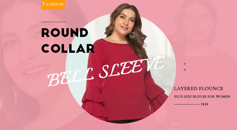 Round Collar Long Bell Sleeve Layered Flounce Solid Color Plus Size Women Blouse