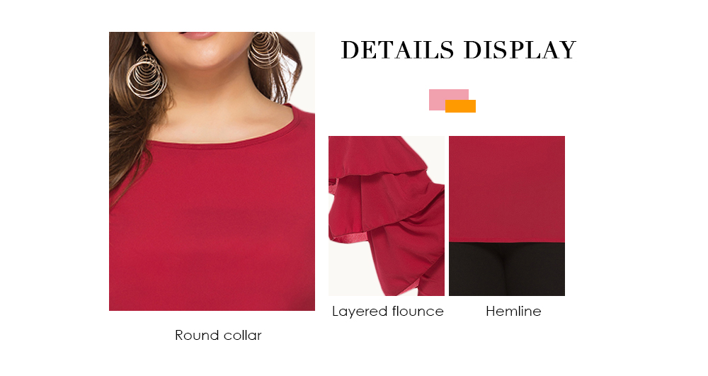 Round Collar Long Bell Sleeve Layered Flounce Solid Color Plus Size Women Blouse