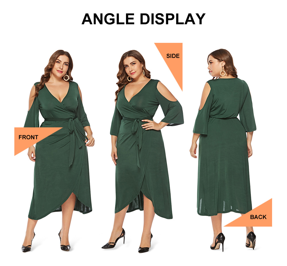 Plunge Neck 3/4 Bell Sleeve Cold Shoulder Belted Asymmetric Solid Color Plus Size Women Dress