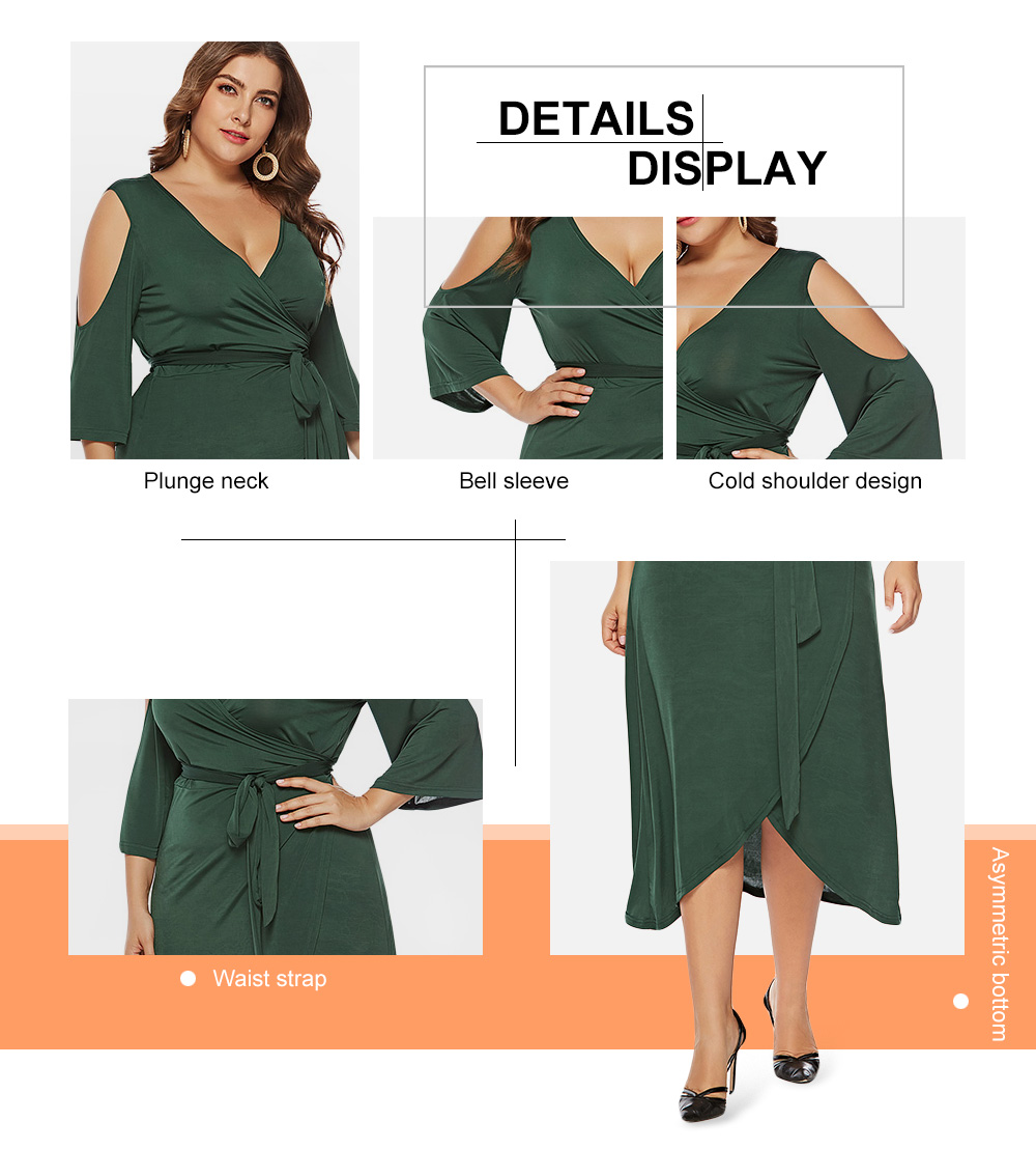Plunge Neck 3/4 Bell Sleeve Cold Shoulder Belted Asymmetric Solid Color Plus Size Women Dress