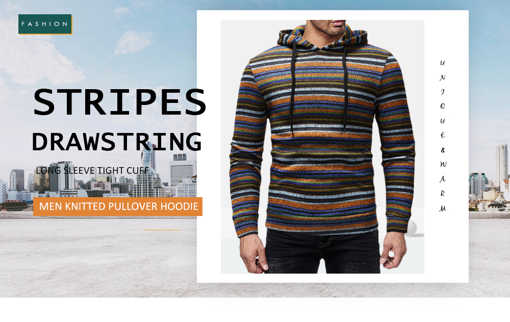 Stripes Drawstring Long Sleeve Tight Cuff Men Knitted Sweater Pullover Hoodie