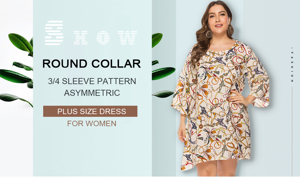 Round Collar 3/4 Sleeve Fashion Pattern Asymmetric Plus Size Women Dress