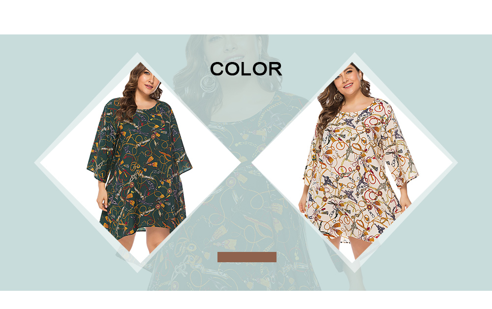 Round Collar 3/4 Sleeve Fashion Pattern Asymmetric Plus Size Women Dress