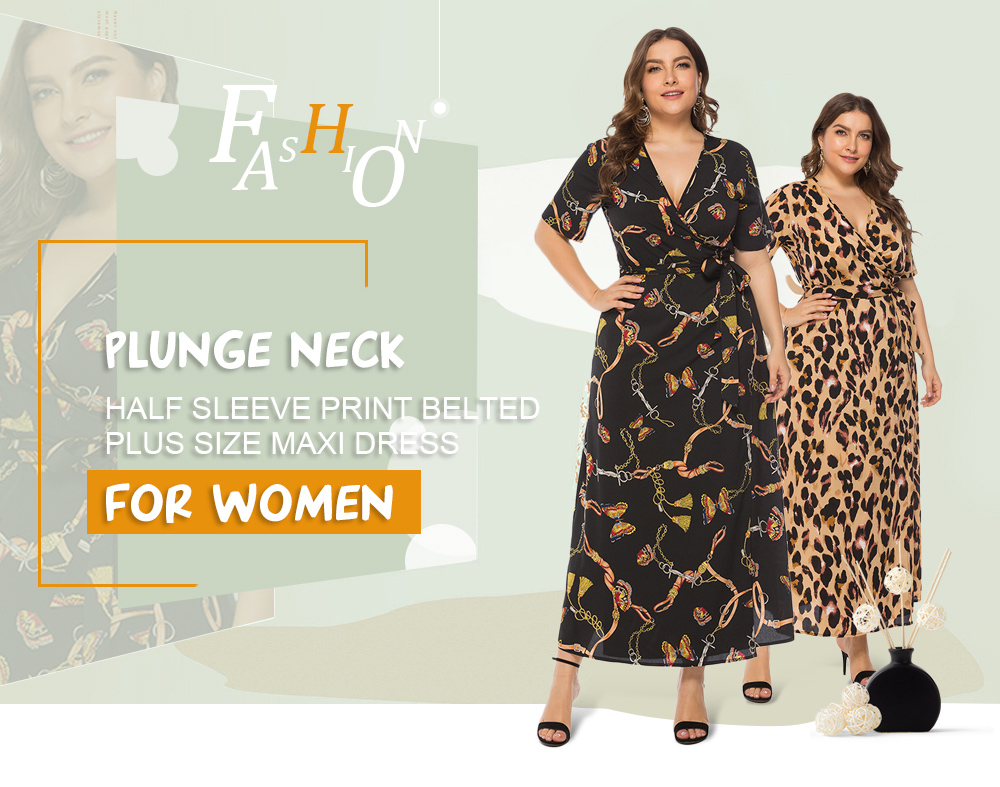 Plunge Neck Half Sleeve Print Belted Plus Size Women Maxi Wrap Dress