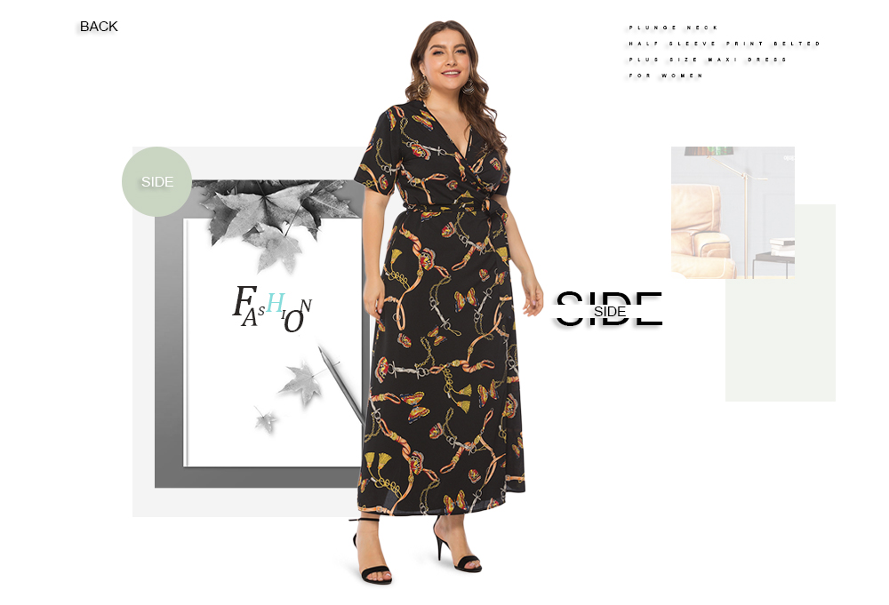 Plunge Neck Half Sleeve Print Belted Plus Size Women Maxi Wrap Dress