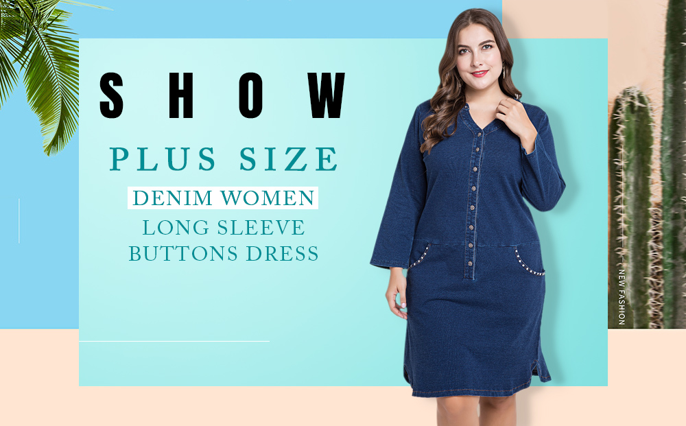 Plus Size Denim Women Long Sleeve Buttons Casual Female Dress with Pockets