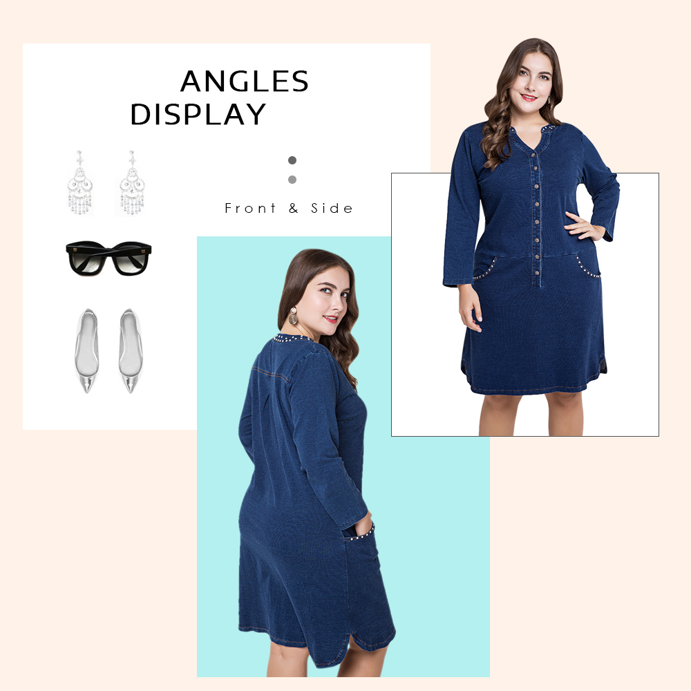 Plus Size Denim Women Long Sleeve Buttons Casual Female Dress with Pockets