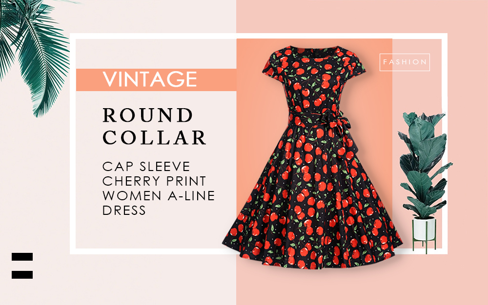 Vintage Round Collar Cap Sleeve Cherry Print Zipper Women A-line Swing Dress