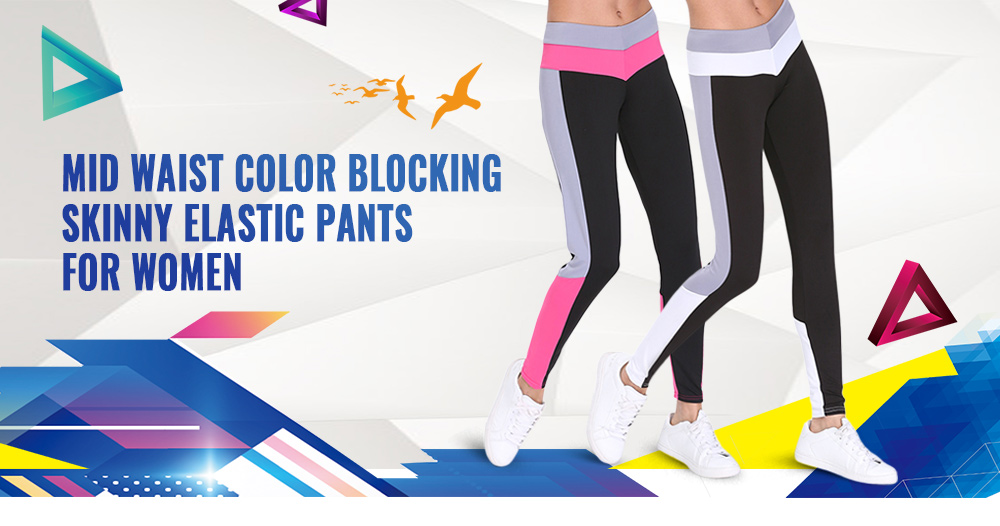 Mid Waist Color Blocking Skinny Elastic Sporty Women Yoga Pants