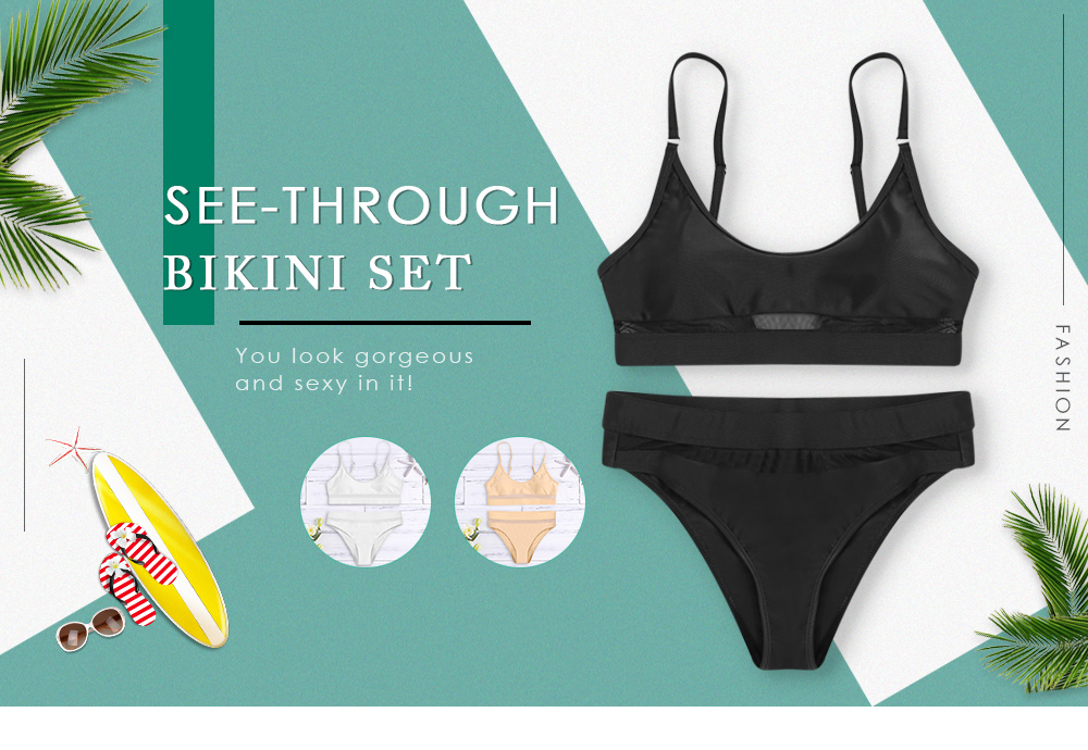 Padded See-through Women Bikini Set Mid Waist Swimsuit