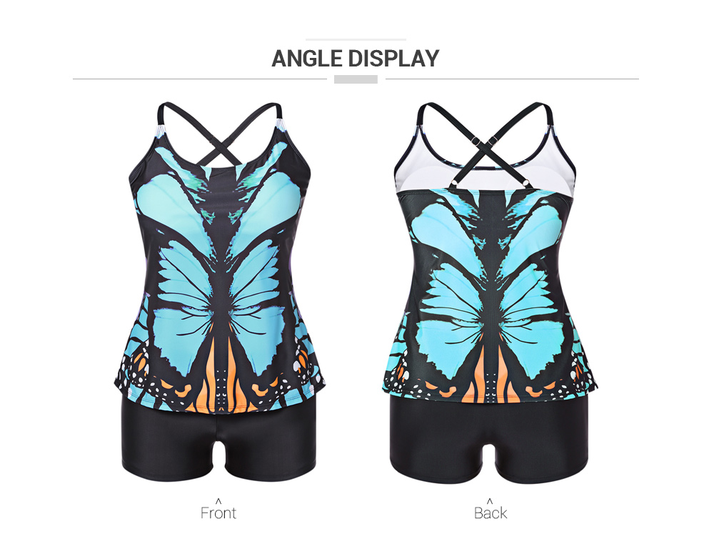 Plus Size Padded Butterfly Print Tankini Set Women Swimsuit