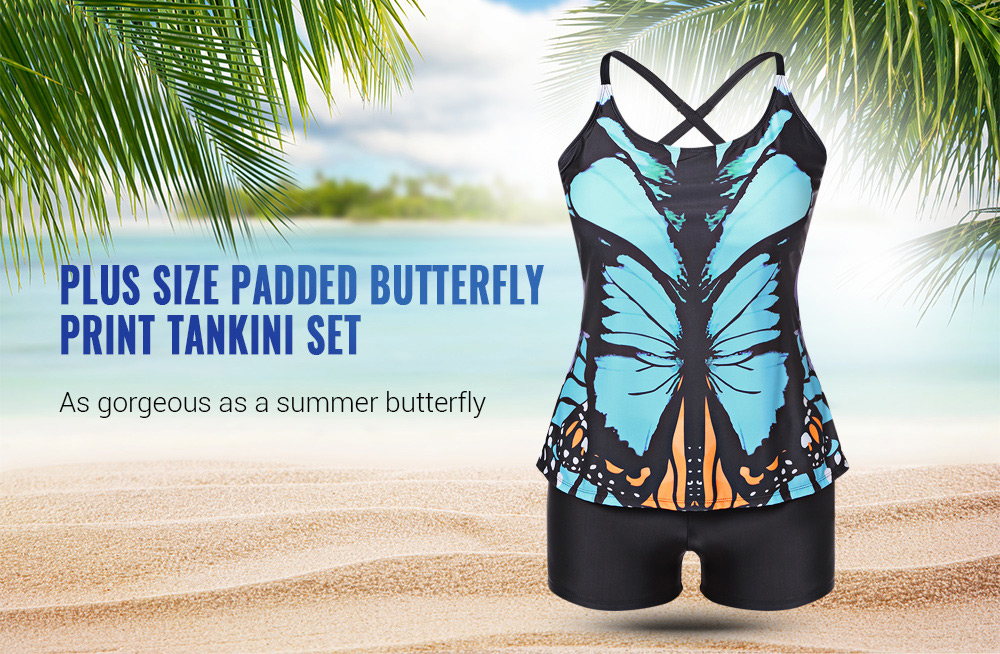 Plus Size Padded Butterfly Print Tankini Set Women Swimsuit