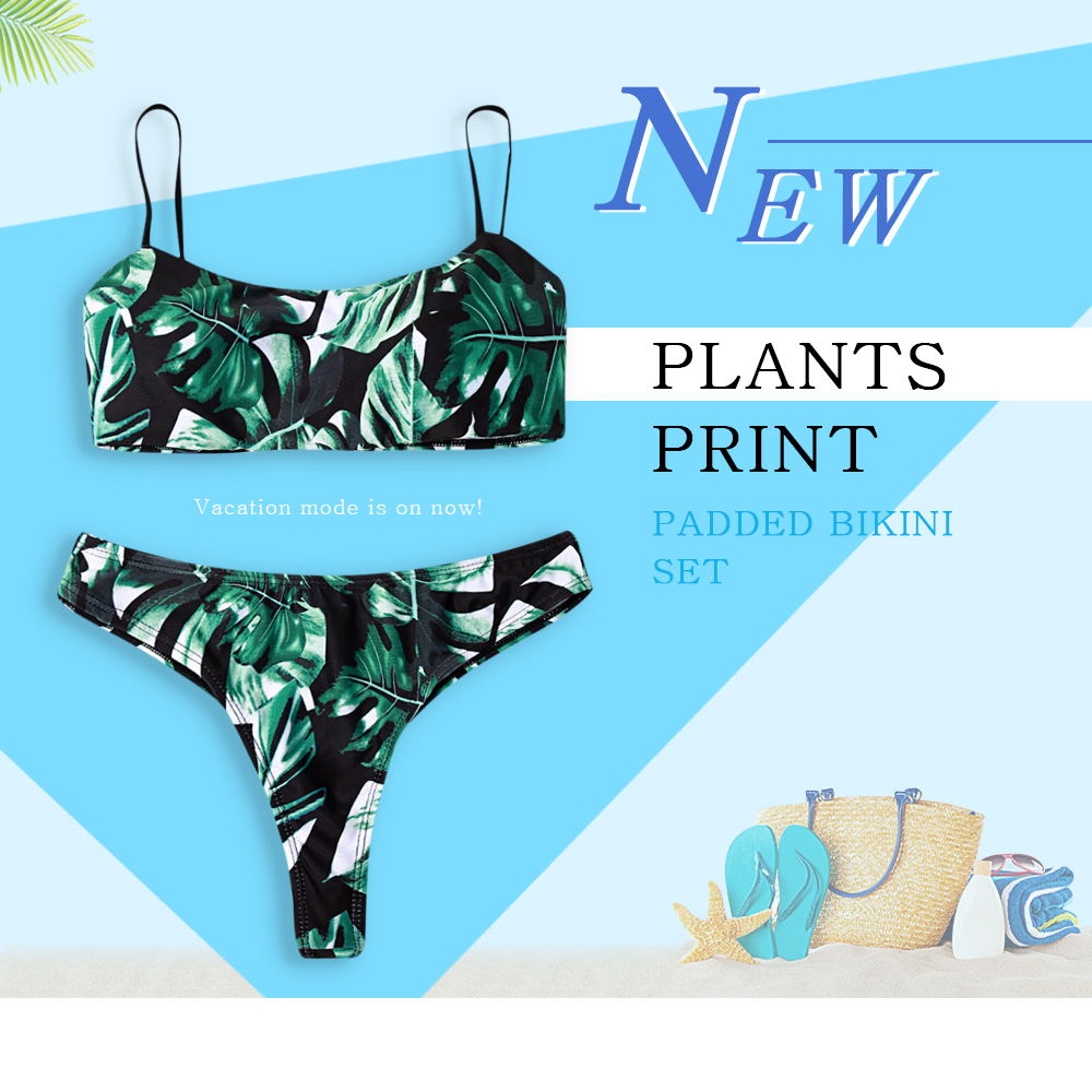 Plants Print Padded Bikini Set Women Swimsuit