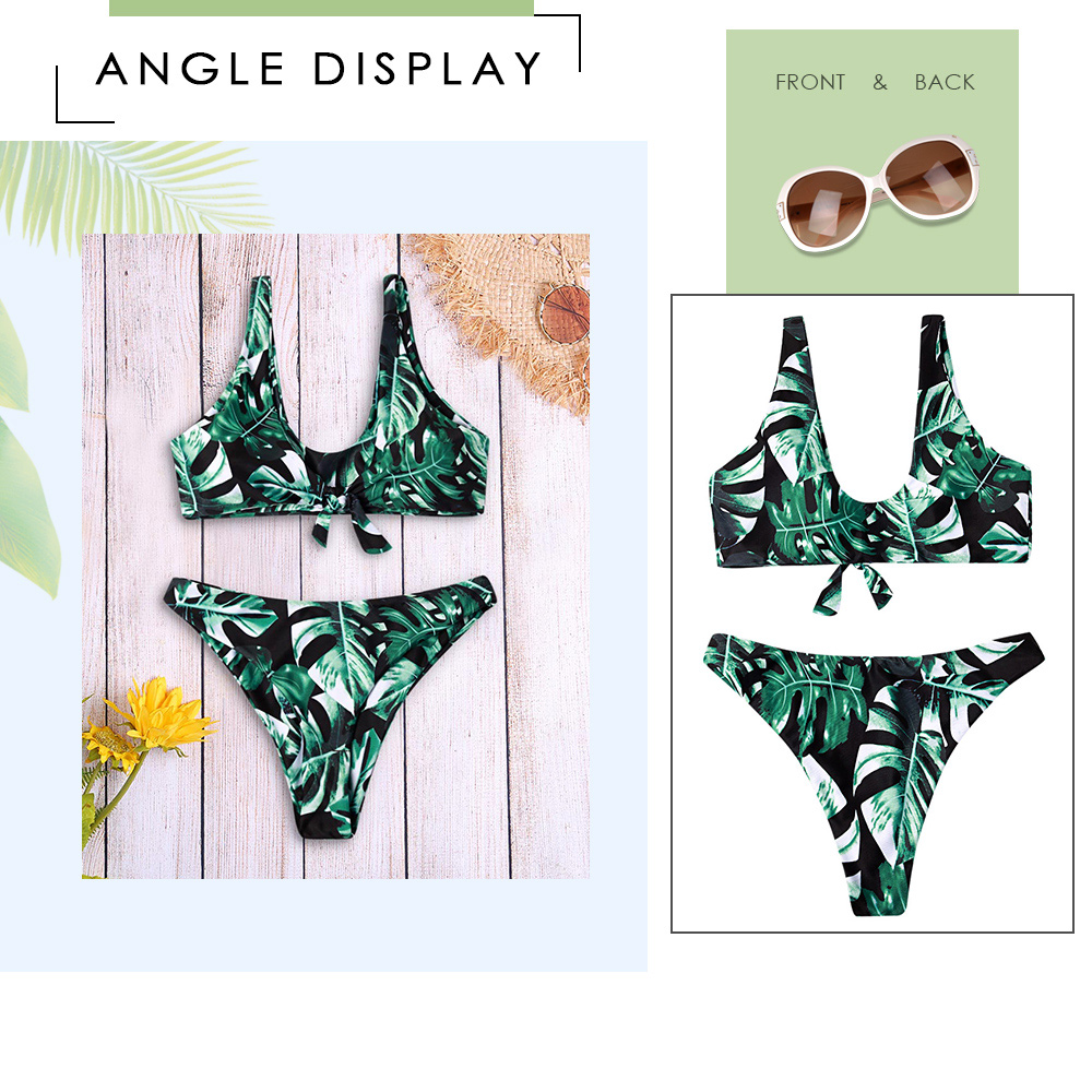 Sexy Plunge Neck Padded Leaf Print Knotted Beachwear Low Waist Women Bikini Set