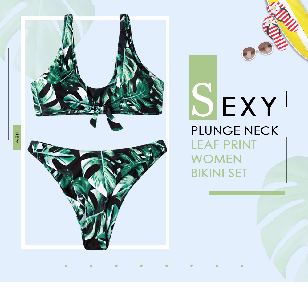 Sexy Plunge Neck Padded Leaf Print Knotted Beachwear Low Waist Women Bikini Set