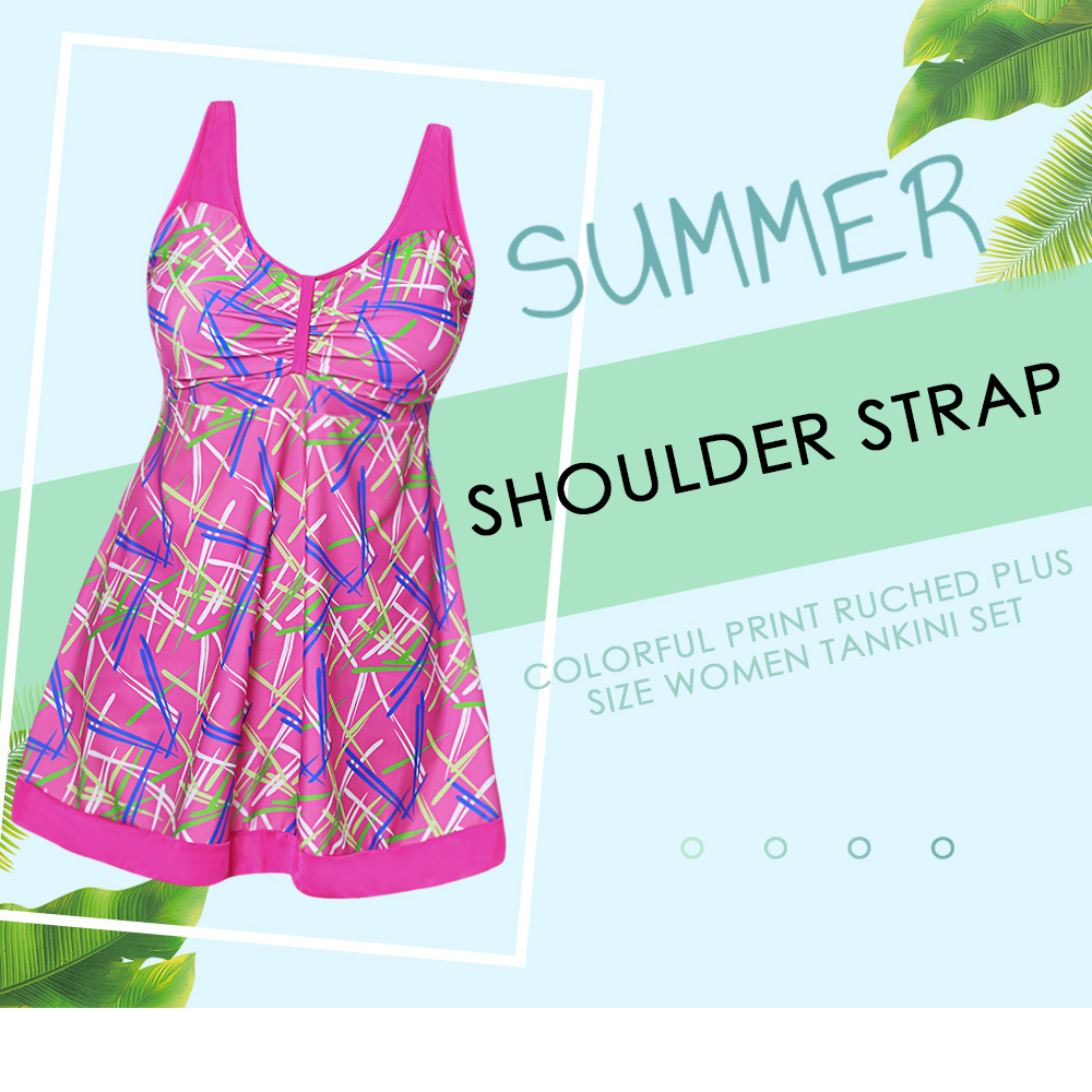 Sexy Shoulder Strap Sleeveless Colorful Print Ruched Padded Plus Size Women Tankini Set