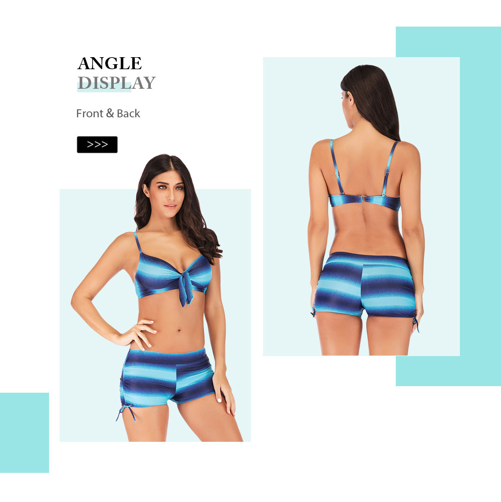 Spaghetti Strap Backless Padded Stripe Print Tied Low Waist Boxer Shorts Women Bikini Set