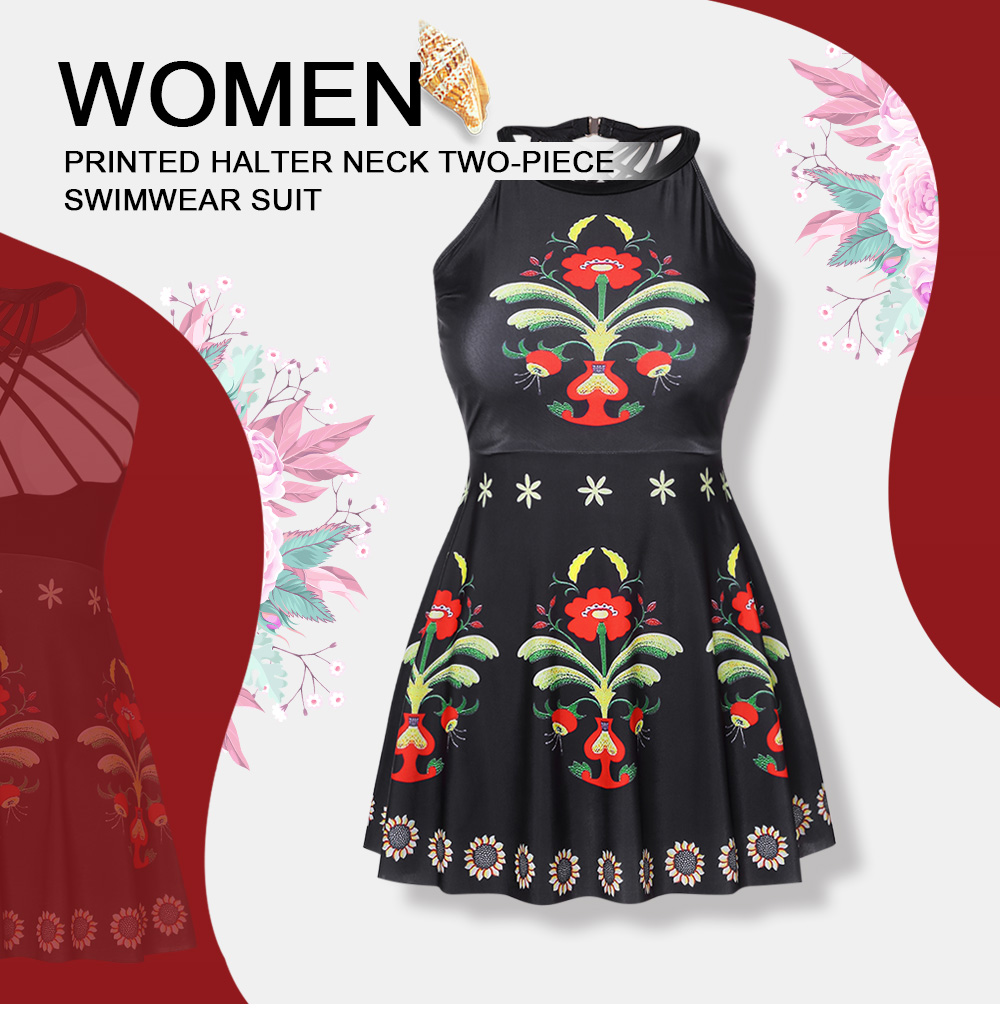 Women Printed Halter Neck Two-piece Swimwear Suit