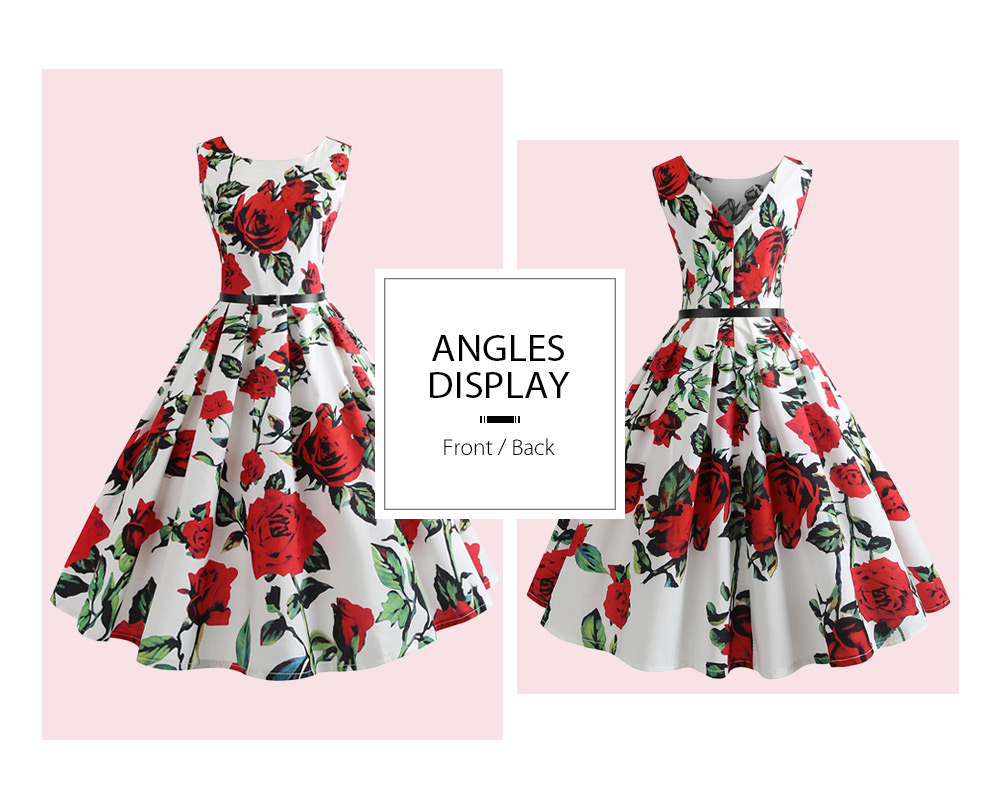 Vintage Belted Sleeveless Floral Print Dress